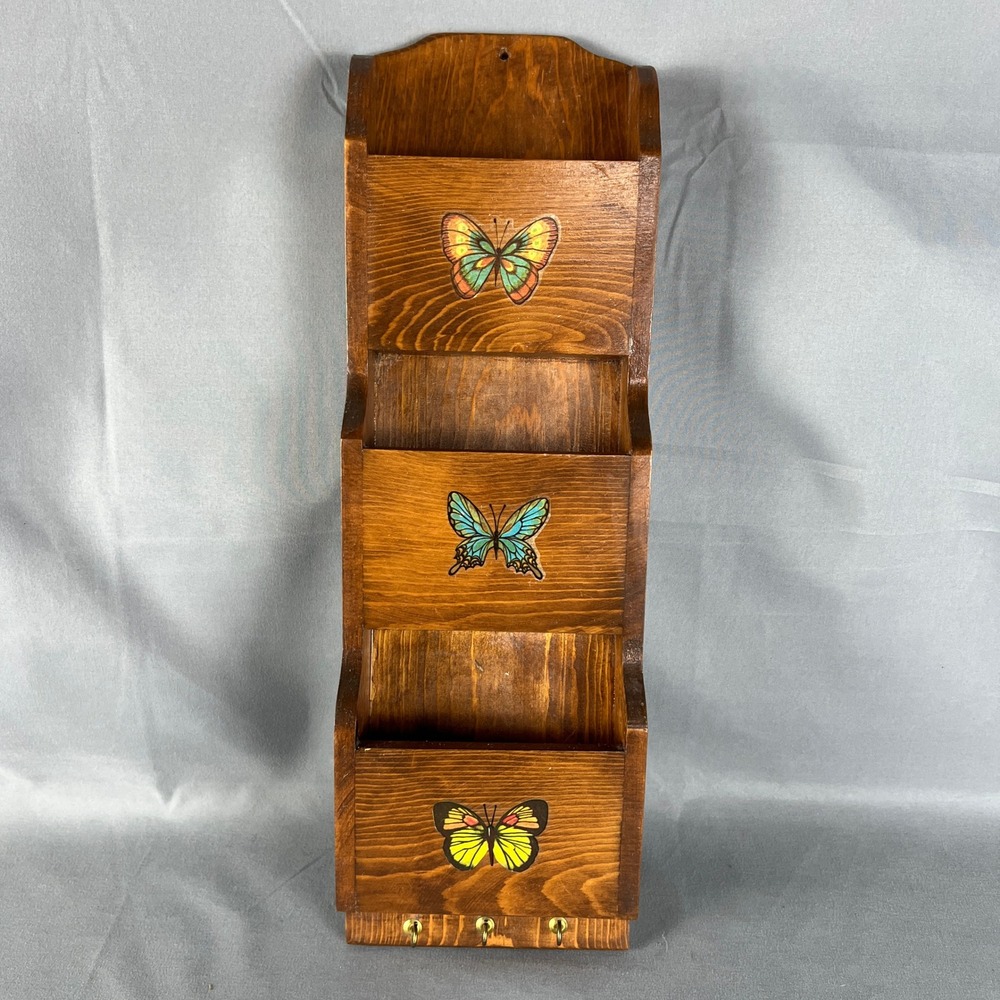 VTG Wooden 3-Tier Wall Mounted Mail Organizer Colorful Butterfly Illustrations